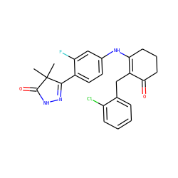 CC1(C)C(=O)NN=C1c1ccc(NC2=C(Cc3ccccc3Cl)C(=O)CCC2)cc1F ZINC000013587320