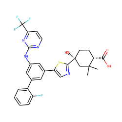 CC1(C)C[C@@](O)(c2ncc(-c3cc(Nc4nccc(C(F)(F)F)n4)cc(-c4ccccc4F)c3)s2)CC[C@@H]1C(=O)O ZINC000221418456