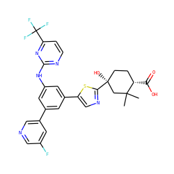 CC1(C)C[C@@](O)(c2ncc(-c3cc(Nc4nccc(C(F)(F)F)n4)cc(-c4cncc(F)c4)c3)s2)CC[C@@H]1C(=O)O ZINC000221405317