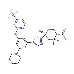 CC1(C)C[C@@](O)(c2ncc(-c3cc(Nc4nccc(C(F)(F)F)n4)cc(C4=CCCCC4)c3)s2)CC[C@@H]1C(=O)O ZINC000221417487