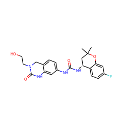 CC1(C)C[C@@H](NC(=O)Nc2ccc3c(c2)NC(=O)N(CCO)C3)c2ccc(F)cc2O1 ZINC000143652556
