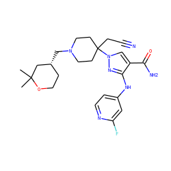 CC1(C)C[C@H](CN2CCC(CC#N)(n3cc(C(N)=O)c(Nc4ccnc(F)c4)n3)CC2)CCO1 ZINC000221034651