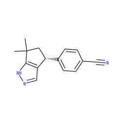 CC1(C)C[C@H](c2ccc(C#N)cc2)c2cn[nH]c21 ZINC000095584561