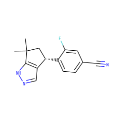 CC1(C)C[C@H](c2ccc(C#N)cc2F)c2cn[nH]c21 ZINC000095584406