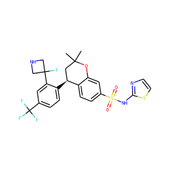 CC1(C)C[C@H](c2ccc(C(F)(F)F)cc2C2(F)CNC2)c2ccc(S(=O)(=O)Nc3nccs3)cc2O1 ZINC000653742639