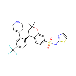 CC1(C)C[C@H](c2ccc(C(F)(F)F)cc2C2=CCNCC2)c2ccc(S(=O)(=O)Nc3nccs3)cc2O1 ZINC000653720210