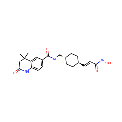 CC1(C)CC(=O)Nc2ccc(C(=O)NC[C@H]3CC[C@H](/C=C/C(=O)NO)CC3)cc21 ZINC000299839407