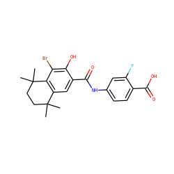 CC1(C)CCC(C)(C)c2c1cc(C(=O)Nc1ccc(C(=O)O)c(F)c1)c(O)c2Br ZINC000001891905