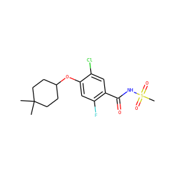 CC1(C)CCC(Oc2cc(F)c(C(=O)NS(C)(=O)=O)cc2Cl)CC1 ZINC000261098274