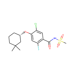 CC1(C)CCC[C@H](Oc2cc(F)c(C(=O)NS(C)(=O)=O)cc2Cl)C1 ZINC000225218397
