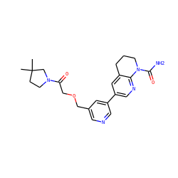 CC1(C)CCN(C(=O)COCc2cncc(-c3cnc4c(c3)CCCN4C(N)=O)c2)C1 ZINC001772624441