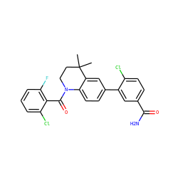 CC1(C)CCN(C(=O)c2c(F)cccc2Cl)c2ccc(-c3cc(C(N)=O)ccc3Cl)cc21 ZINC000211281180