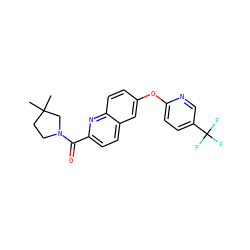 CC1(C)CCN(C(=O)c2ccc3cc(Oc4ccc(C(F)(F)F)cn4)ccc3n2)C1 ZINC001772597768