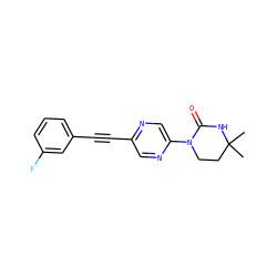 CC1(C)CCN(c2cnc(C#Cc3cccc(F)c3)cn2)C(=O)N1 ZINC000143946280