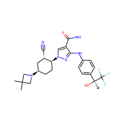 CC1(C)CN([C@@H]2CC[C@H](n3cc(C(N)=O)c(Nc4ccc([C@](C)(O)C(F)(F)F)cc4)n3)[C@@H](C#N)C2)C1 ZINC000221885915