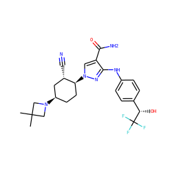 CC1(C)CN([C@@H]2CC[C@H](n3cc(C(N)=O)c(Nc4ccc([C@H](O)C(F)(F)F)cc4)n3)[C@@H](C#N)C2)C1 ZINC000221885785