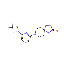 CC1(C)CN(c2cncc(N3CCC4(CCC(=O)N4)CC3)n2)C1 ZINC001772625824