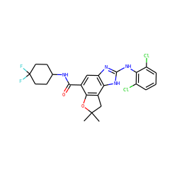 CC1(C)Cc2c(c(C(=O)NC3CCC(F)(F)CC3)cc3nc(Nc4c(Cl)cccc4Cl)[nH]c23)O1 ZINC000139889972