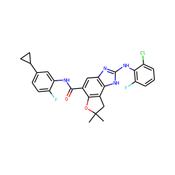 CC1(C)Cc2c(c(C(=O)Nc3cc(C4CC4)ccc3F)cc3nc(Nc4c(F)cccc4Cl)[nH]c23)O1 ZINC000139819916
