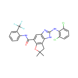 CC1(C)Cc2c(c(C(=O)Nc3ccccc3C(F)(F)F)cc3nc(Nc4c(Cl)cccc4Cl)[nH]c23)O1 ZINC000139809611