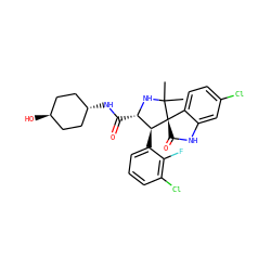CC1(C)N[C@@H](C(=O)N[C@H]2CC[C@H](O)CC2)[C@H](c2cccc(Cl)c2F)[C@]12C(=O)Nc1cc(Cl)ccc12 ZINC000299837642