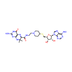 CC1(C)Nc2nc(N)[nH]c(=O)c2N=C1C(=O)NCCN1CCC(SC[C@H]2O[C@@H](n3cnc4c(N)ncnc43)[C@H](O)[C@@H]2O)CC1 ZINC000073198734