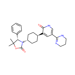 CC1(C)OC(=O)N([C@H]2CC[C@H](c3cc(C4=NCCCN4)c[nH]c3=O)CC2)[C@H]1c1ccccc1 ZINC001772593273