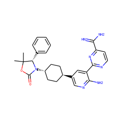 CC1(C)OC(=O)N([C@H]2CC[C@H](c3cnc(N)c(-c4nccc(C(=N)N)n4)c3)CC2)[C@H]1c1ccccc1 ZINC001772604477
