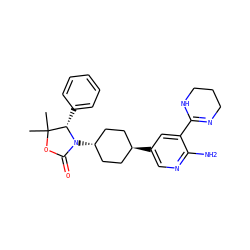 CC1(C)OC(=O)N([C@H]2CC[C@H](c3cnc(N)c(C4=NCCCN4)c3)CC2)[C@H]1c1ccccc1 ZINC001772645502
