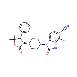 CC1(C)OC(=O)N([C@H]2CC[C@H](n3c(=O)[nH]c4c(F)c(C#N)ccc43)CC2)[C@H]1c1ccccc1 ZINC000261102829