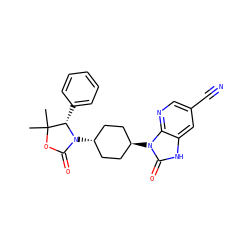 CC1(C)OC(=O)N([C@H]2CC[C@H](n3c(=O)[nH]c4cc(C#N)cnc43)CC2)[C@H]1c1ccccc1 ZINC000299849156