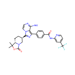 CC1(C)OC(=O)N2C[C@H](c3nc(-c4ccc(C(=O)Nc5cc(C(F)(F)F)ccn5)cc4)c4c(N)nccn34)CC[C@H]21 ZINC000145362311
