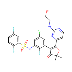 CC1(C)OC(c2ccnc(NCCO)n2)=C(c2cc(Cl)cc(NS(=O)(=O)c3cc(F)ccc3F)c2F)C1=O ZINC000220299183