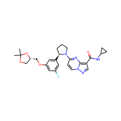 CC1(C)OC[C@@H](COc2cc(F)cc([C@H]3CCCN3c3ccn4ncc(C(=O)NC5CC5)c4n3)c2)O1 ZINC000114905366