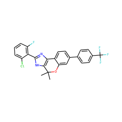 CC1(C)Oc2cc(-c3ccc(C(F)(F)F)cc3)ccc2-c2nc(-c3c(F)cccc3Cl)[nH]c21 ZINC000143392730