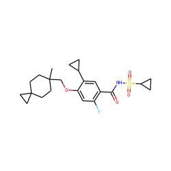 CC1(COc2cc(F)c(C(=O)NS(=O)(=O)C3CC3)cc2C2CC2)CCC2(CC1)CC2 ZINC000218555972
