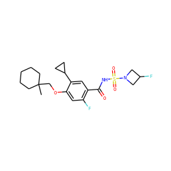 CC1(COc2cc(F)c(C(=O)NS(=O)(=O)N3CC(F)C3)cc2C2CC2)CCCCC1 ZINC000225208678