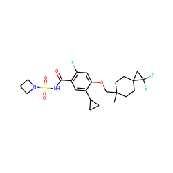 CC1(COc2cc(F)c(C(=O)NS(=O)(=O)N3CCC3)cc2C2CC2)CCC2(CC1)CC2(F)F ZINC000216247893