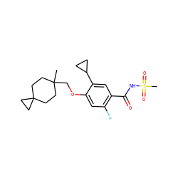 CC1(COc2cc(F)c(C(=O)NS(C)(=O)=O)cc2C2CC2)CCC2(CC1)CC2 ZINC000216247691
