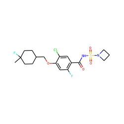 CC1(F)CCC(COc2cc(F)c(C(=O)NS(=O)(=O)N3CCC3)cc2Cl)CC1 ZINC000218353838