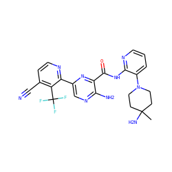 CC1(N)CCN(c2cccnc2NC(=O)c2nc(-c3nccc(C#N)c3C(F)(F)F)cnc2N)CC1 ZINC001772636232