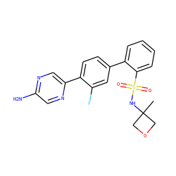CC1(NS(=O)(=O)c2ccccc2-c2ccc(-c3cnc(N)cn3)c(F)c2)COC1 ZINC000224853304