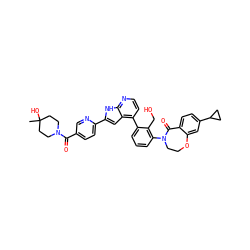 CC1(O)CCN(C(=O)c2ccc(-c3cc4c(-c5cccc(N6CCOc7cc(C8CC8)ccc7C6=O)c5CO)ccnc4[nH]3)nc2)CC1 ZINC000224760741