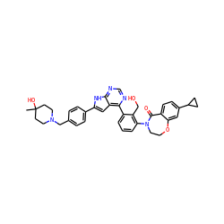 CC1(O)CCN(Cc2ccc(-c3cc4c(-c5cccc(N6CCOc7cc(C8CC8)ccc7C6=O)c5CO)ncnc4[nH]3)cc2)CC1 ZINC000148718745