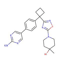 CC1(O)CCN(c2nc(C3(c4ccc(-c5cnc(N)nc5)cc4)CCC3)no2)CC1 ZINC001772584407