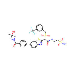 CC1(O)CN(C(=O)c2ccc(-c3ccc4nc([C@@H](C(=O)NCCS(N)(=O)=O)S(=O)(=O)Cc5cccc(C(F)(F)F)c5)sc4c3)cc2)C1 ZINC000222083233