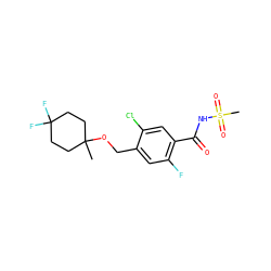 CC1(OCc2cc(F)c(C(=O)NS(C)(=O)=O)cc2Cl)CCC(F)(F)CC1 ZINC000216239787