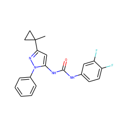 CC1(c2cc(NC(=O)Nc3ccc(F)c(F)c3)n(-c3ccccc3)n2)CC1 ZINC000299818803