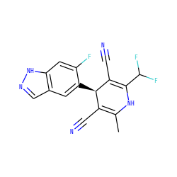 CC1=C(C#N)[C@@H](c2cc3cn[nH]c3cc2F)C(C#N)=C(C(F)F)N1 ZINC000116586271