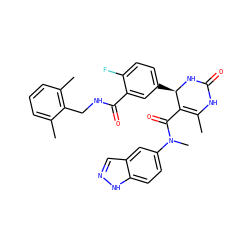 CC1=C(C(=O)N(C)c2ccc3[nH]ncc3c2)[C@@H](c2ccc(F)c(C(=O)NCc3c(C)cccc3C)c2)NC(=O)N1 ZINC000653825226
